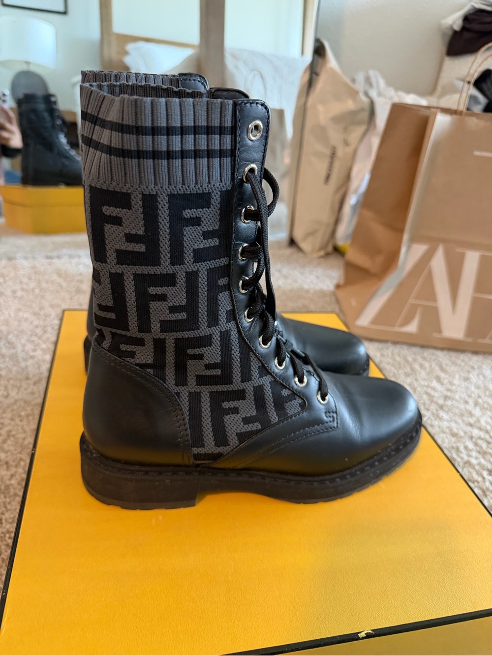 Fendi Black and Gray FF Knit Lace-Up Combat Boots